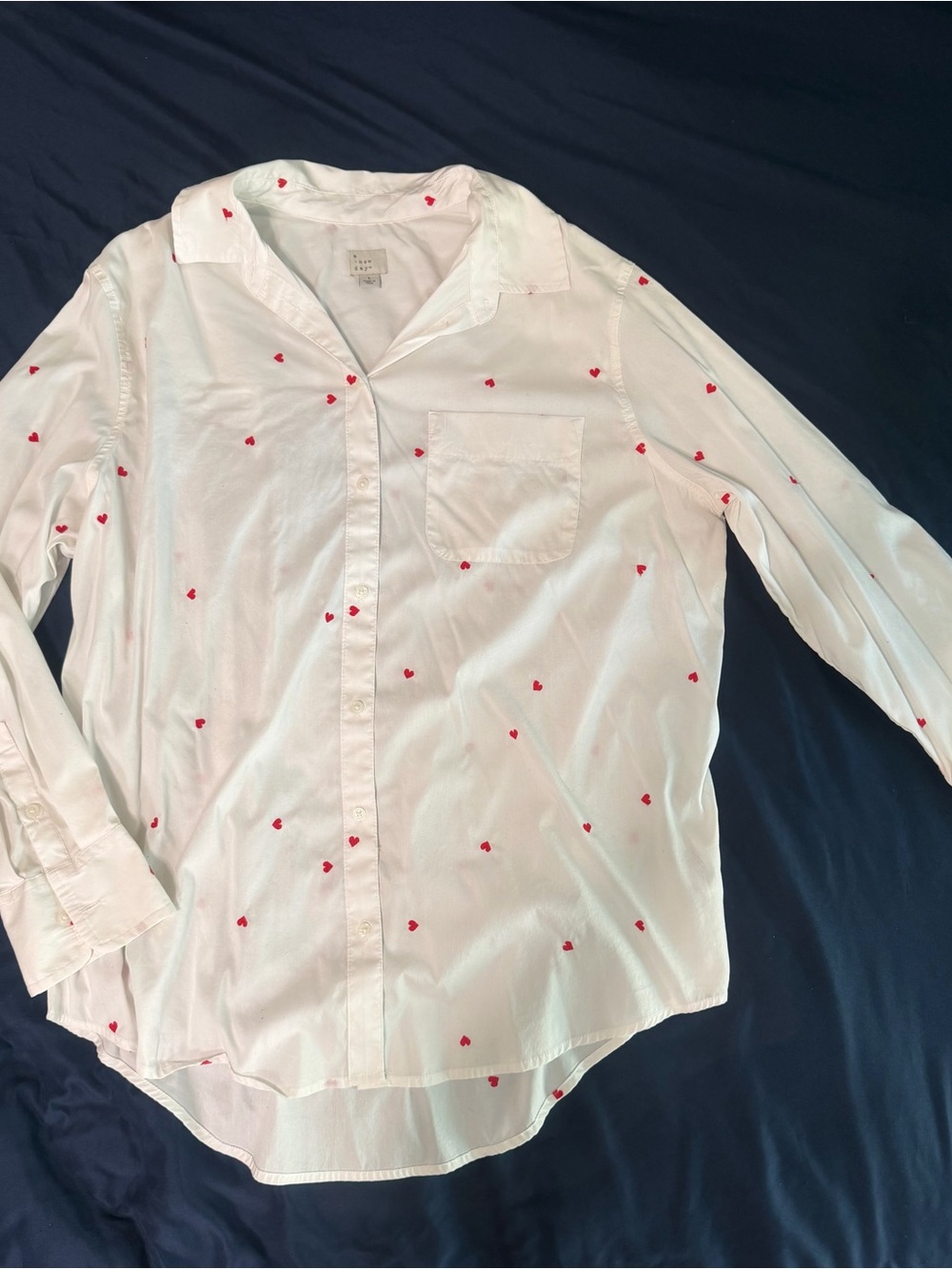 a new day White Button-Down Shirt with Red Heart Motif